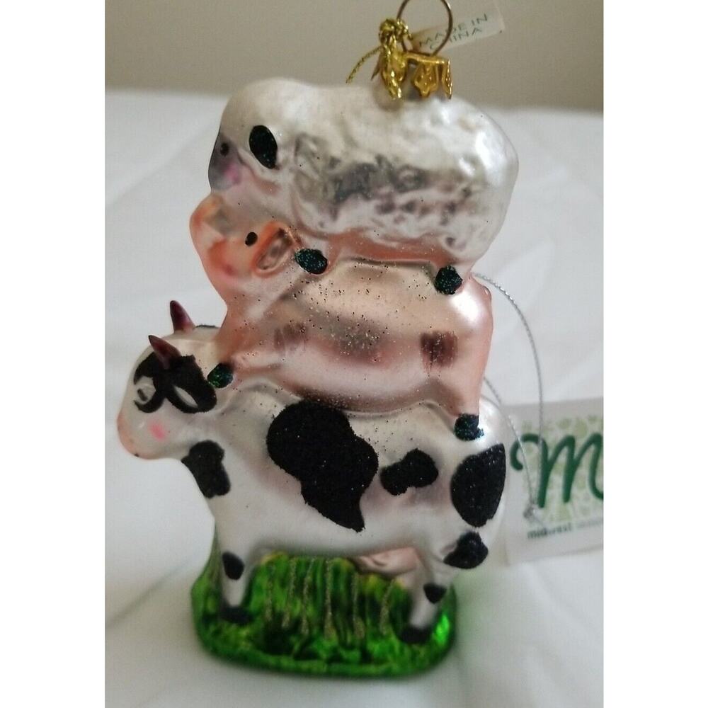 Midwest Animal Stack Cow Pig Sheep Farm Barn Blown‎ Glass Christmas Ornament NWT